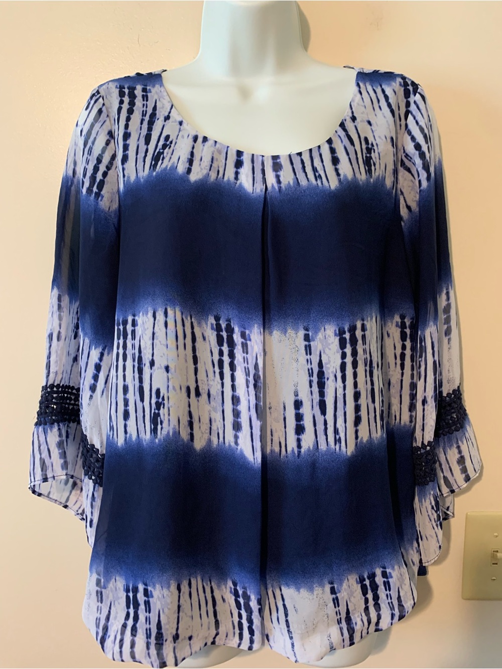 AB Studio Navy and White Tie-Dye Scoop Neck Blouse with Crochet Trim